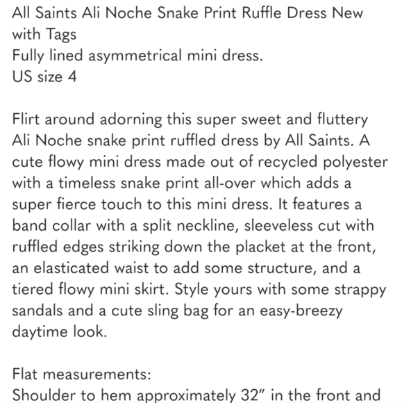 All Saints NWTs Ali Noche Snake Print Ruffled Dress - Picture 7 of 8